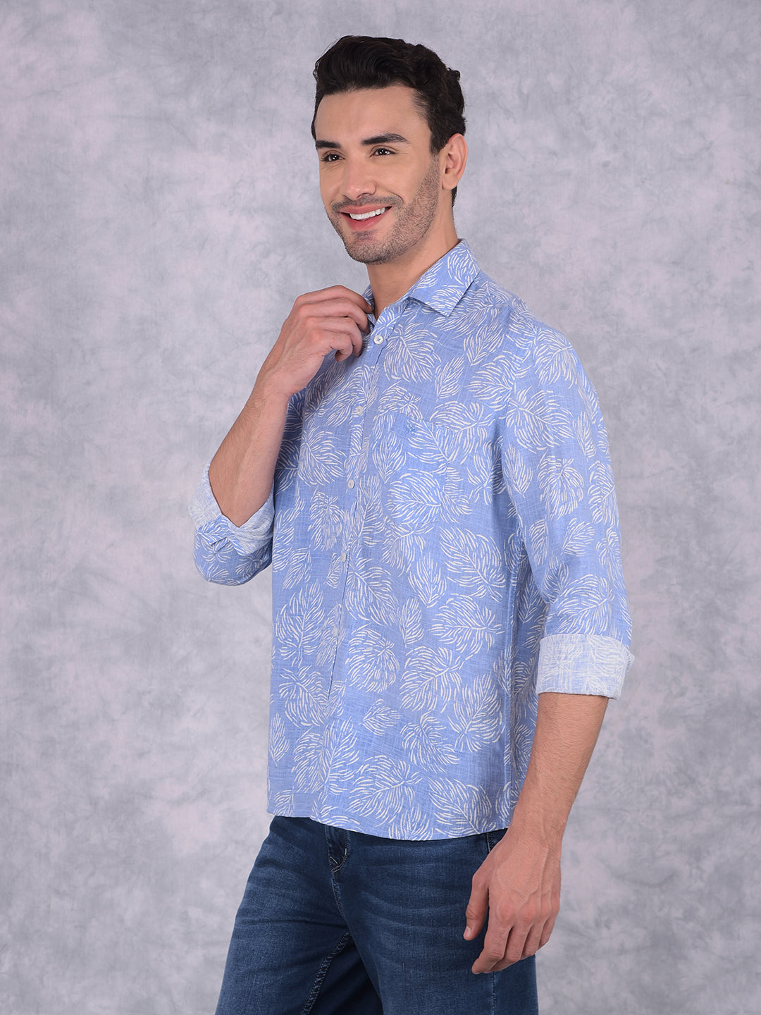 Blue Floral Print Linen Shirt-Men Shirts-Crimsoune Club