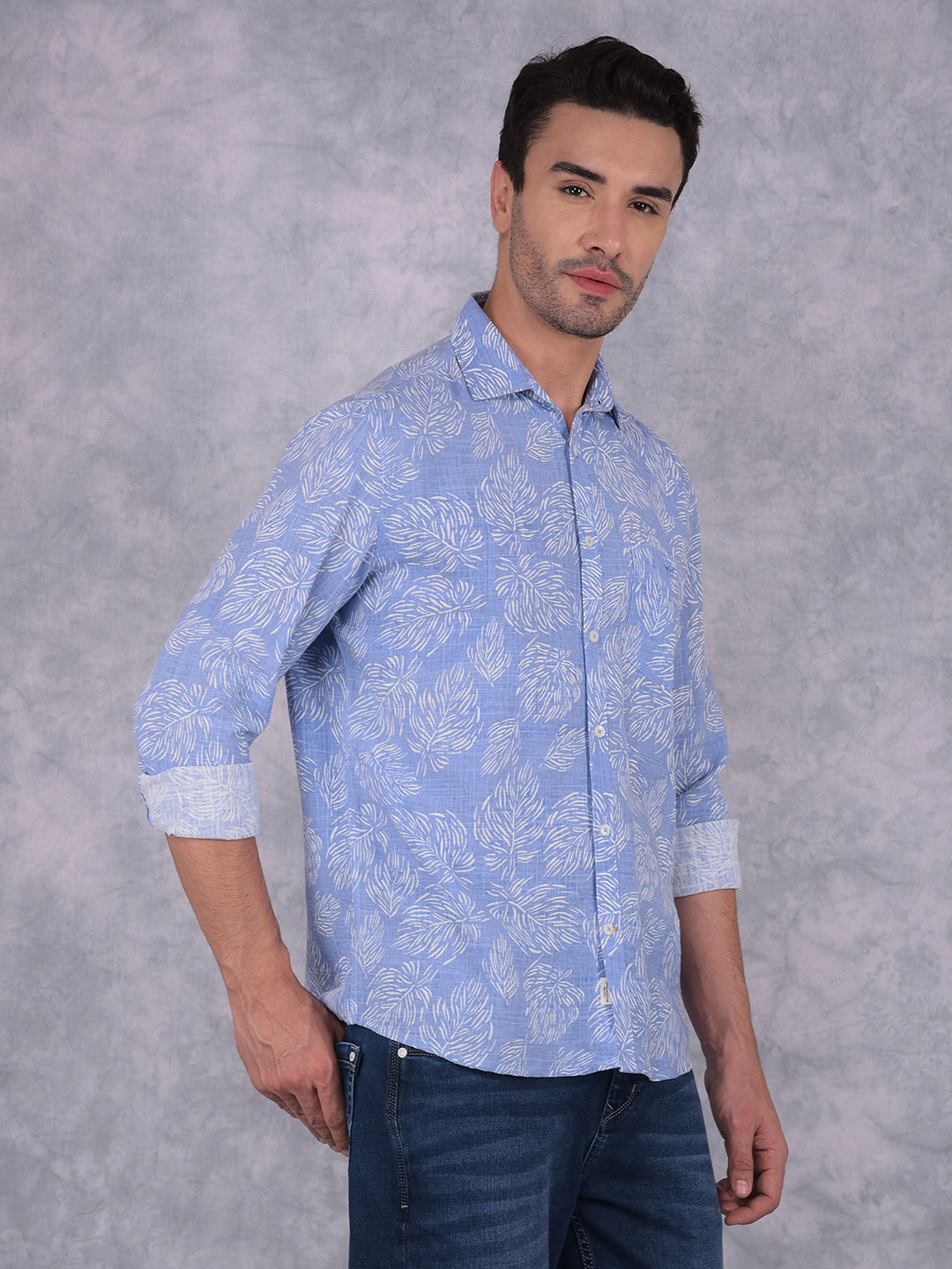 Blue Floral Print Linen Shirt-Men Shirts-Crimsoune Club