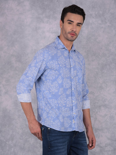 Blue Floral Print Linen Shirt-Men Shirts-Crimsoune Club