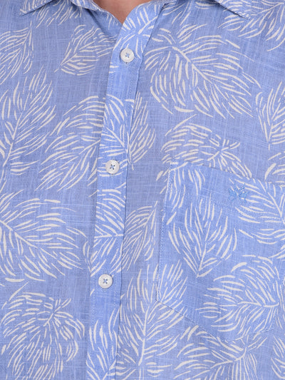 Blue Floral Print Linen Shirt-Men Shirts-Crimsoune Club
