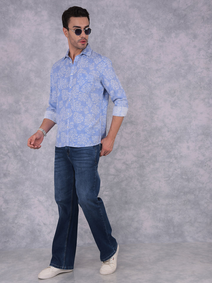 Blue Floral Print Linen Shirt-Men Shirts-Crimsoune Club
