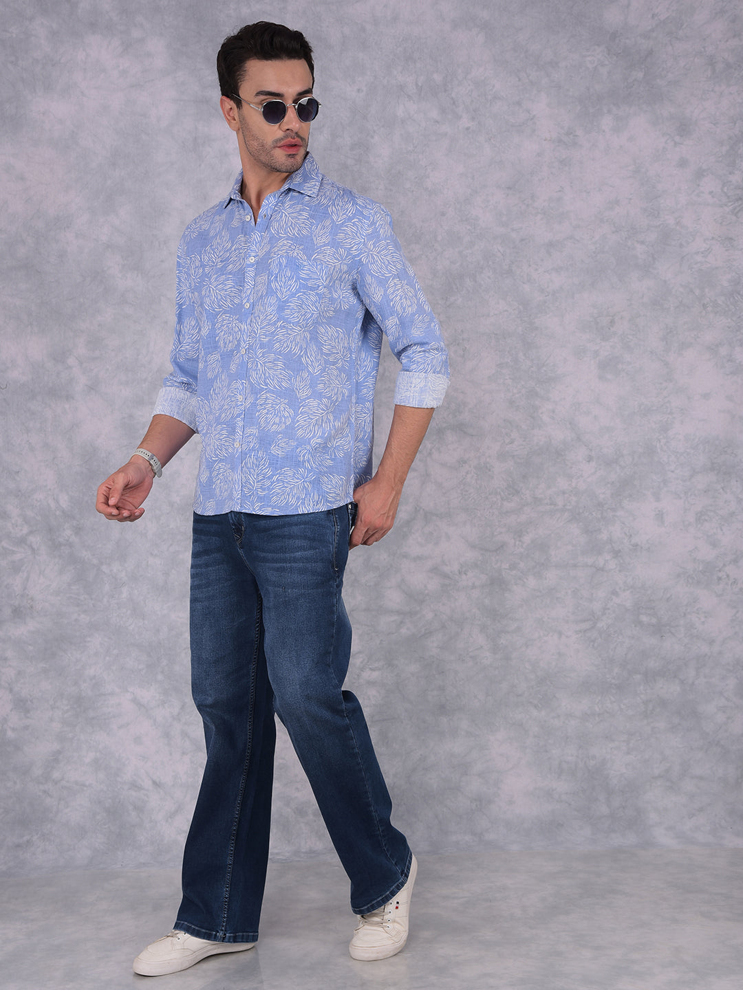 Blue Floral Print Linen Shirt-Men Shirts-Crimsoune Club