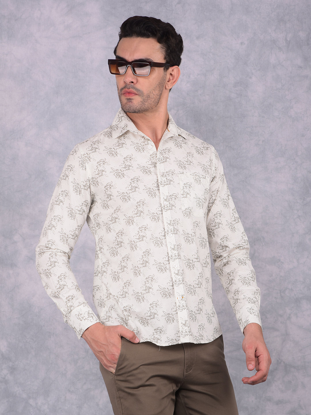 White Floral Print 100% Cotton Shirt-Men Shirts-Crimsoune Club