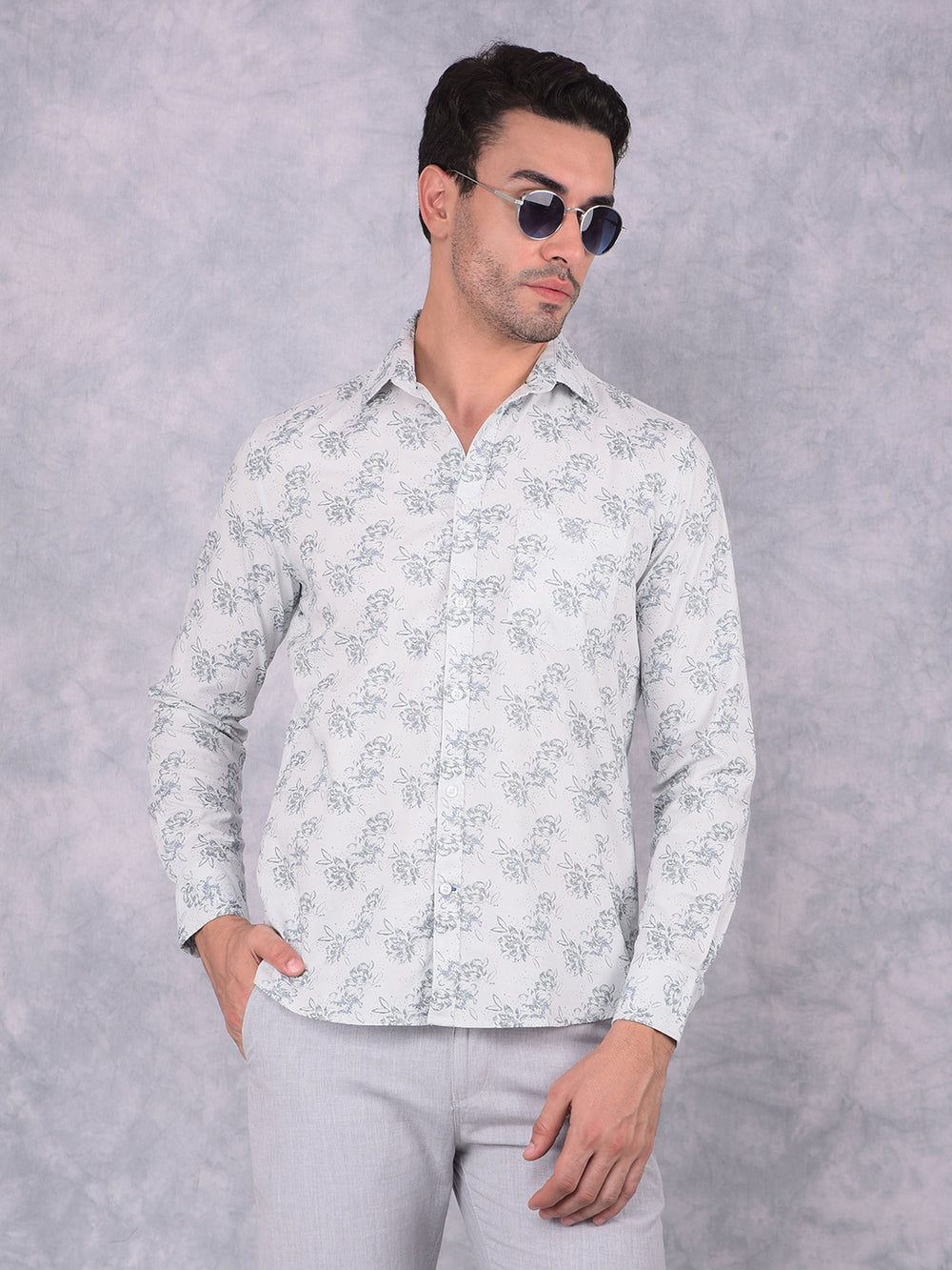 Blue Floral Print 100% Cotton Shirt-Men Shirts-Crimsoune Club