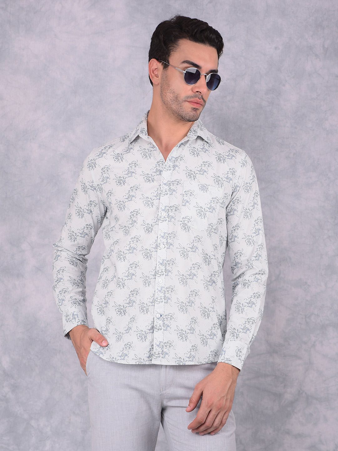 Blue Floral Print 100% Cotton Shirt-Men Shirts-Crimsoune Club