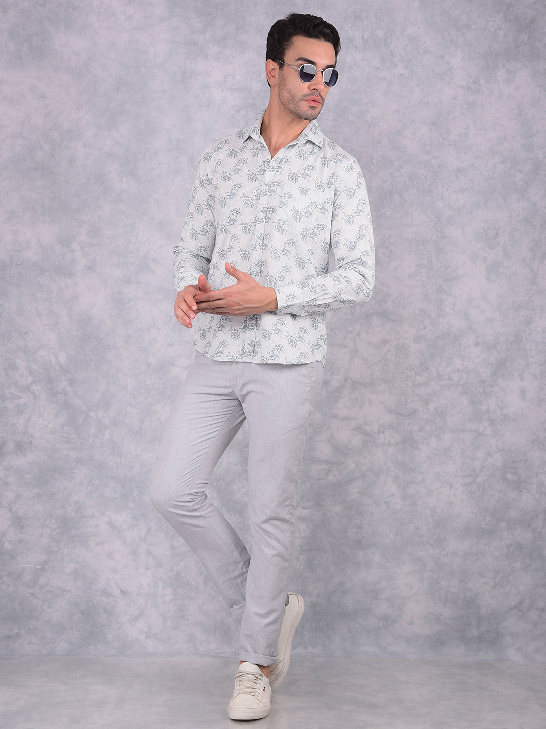 Blue Floral Print 100% Cotton Shirt-Men Shirts-Crimsoune Club
