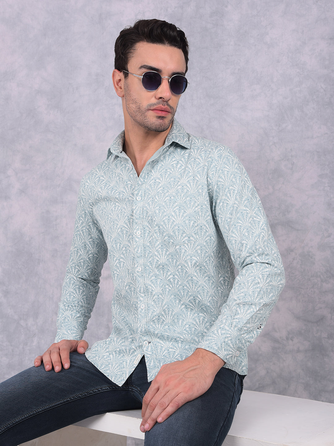 Blue Floral Print 100% Cotton Shirt-Men Shirts-Crimsoune Club