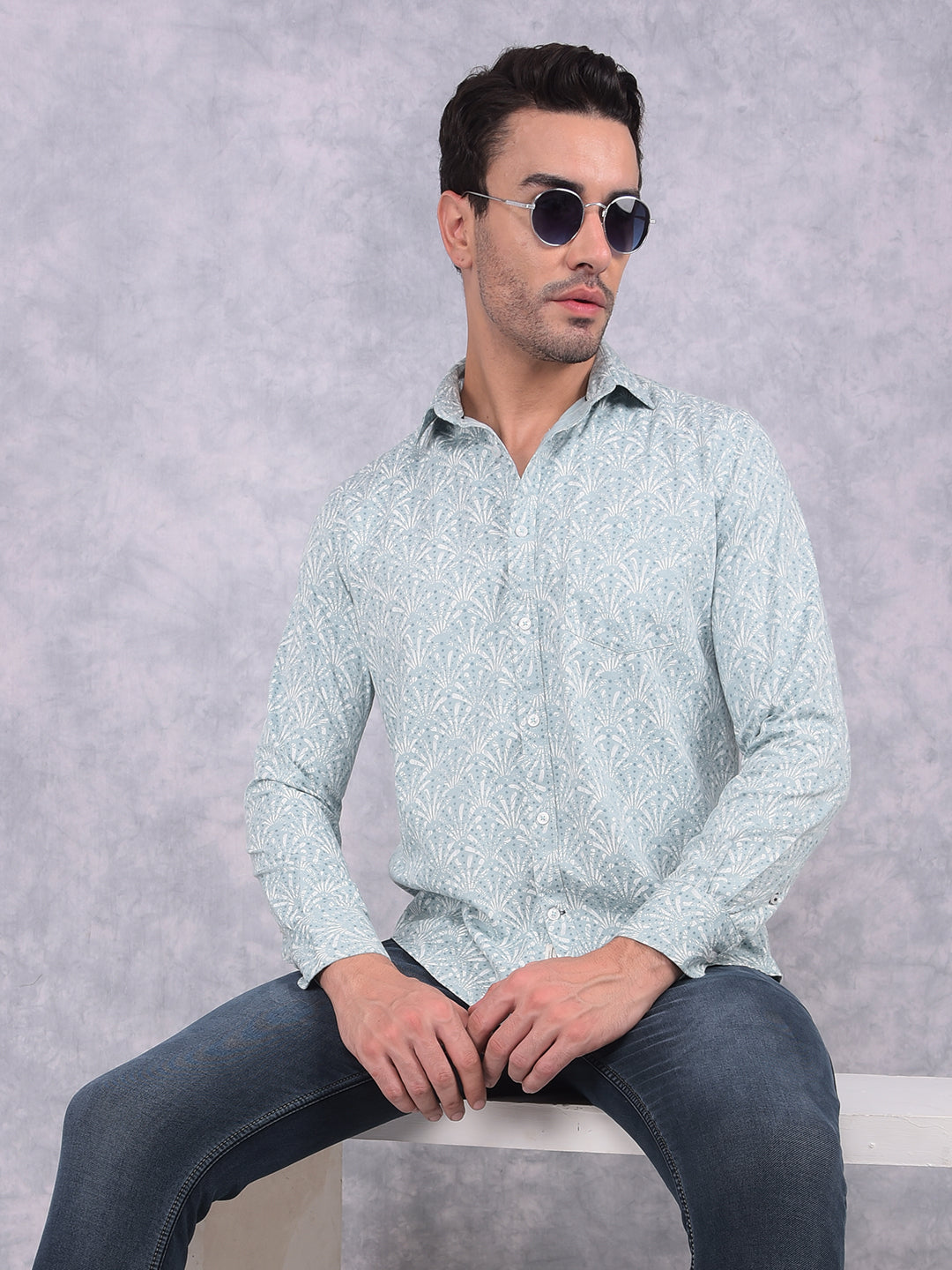 Blue Floral Print 100% Cotton Shirt-Men Shirts-Crimsoune Club