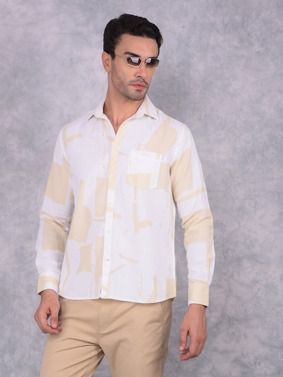 Beige Printed 100% Cotton Shirt-Men Shirts-Crimsoune Club