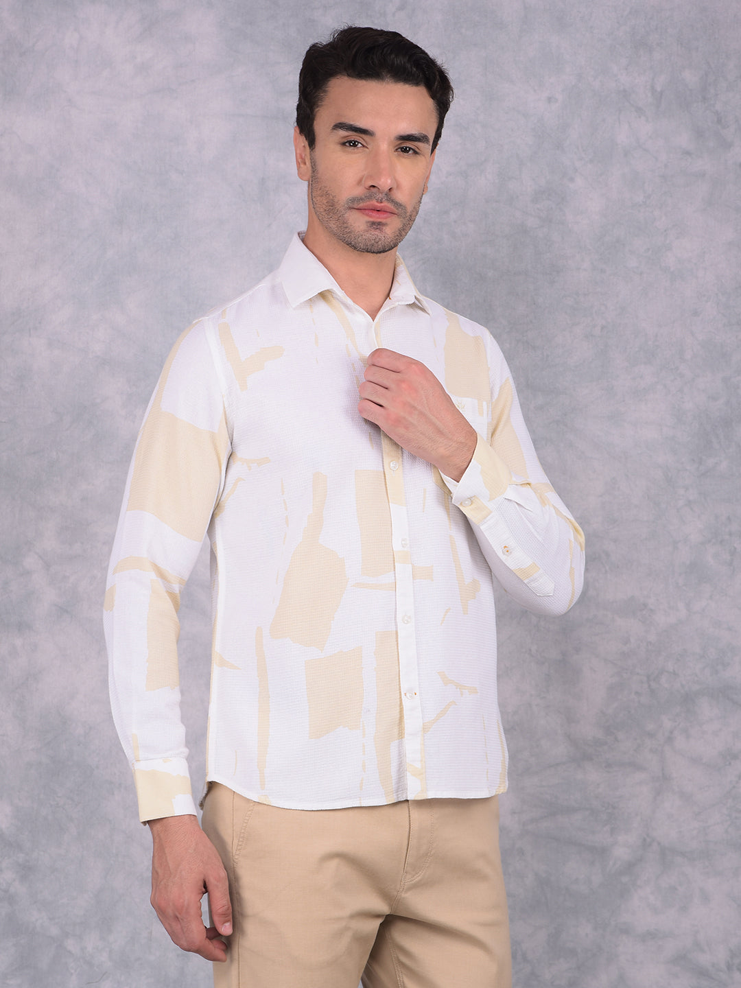 Beige Printed 100% Cotton Shirt-Men Shirts-Crimsoune Club