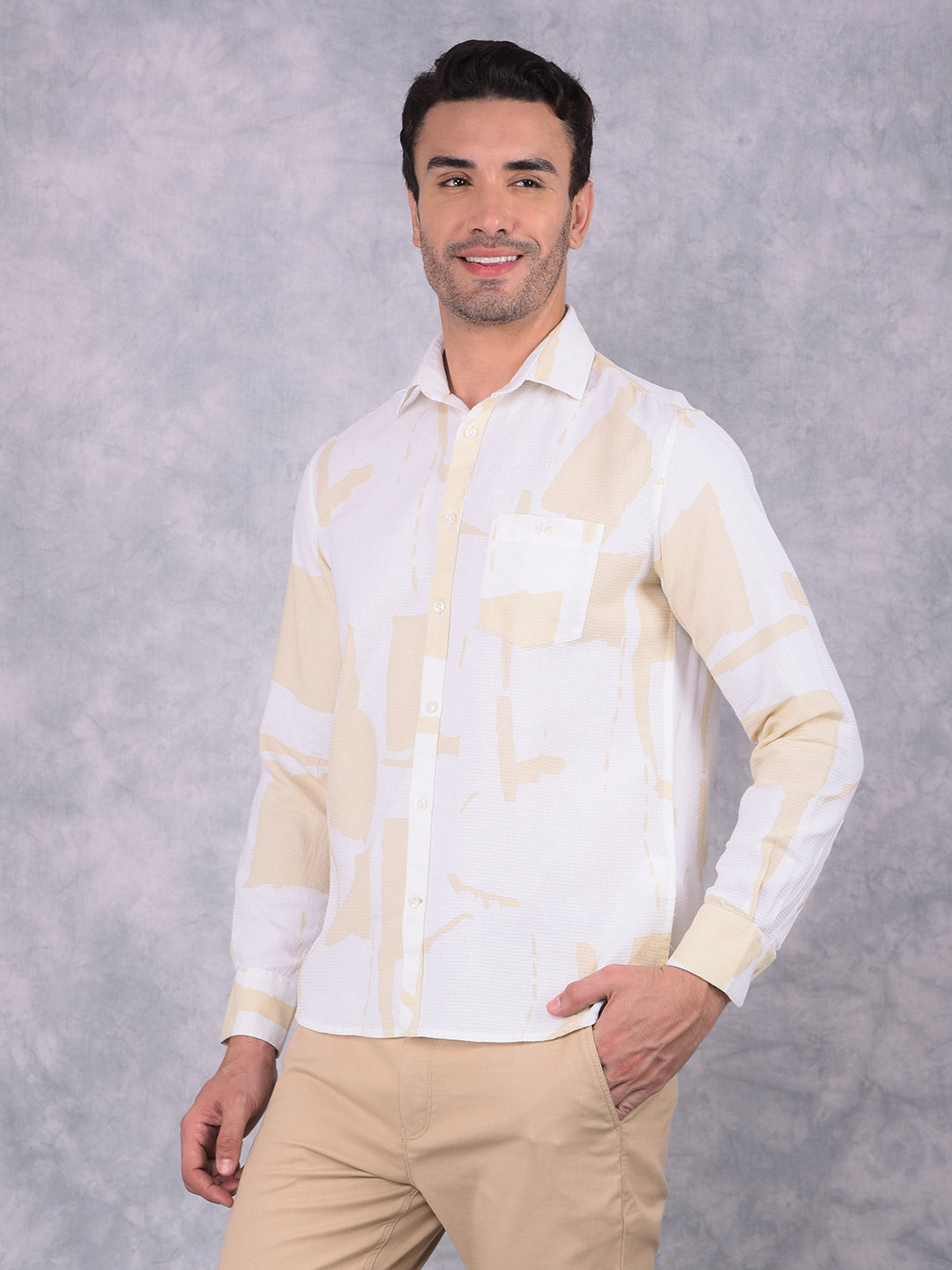 Beige Printed 100% Cotton Shirt-Men Shirts-Crimsoune Club