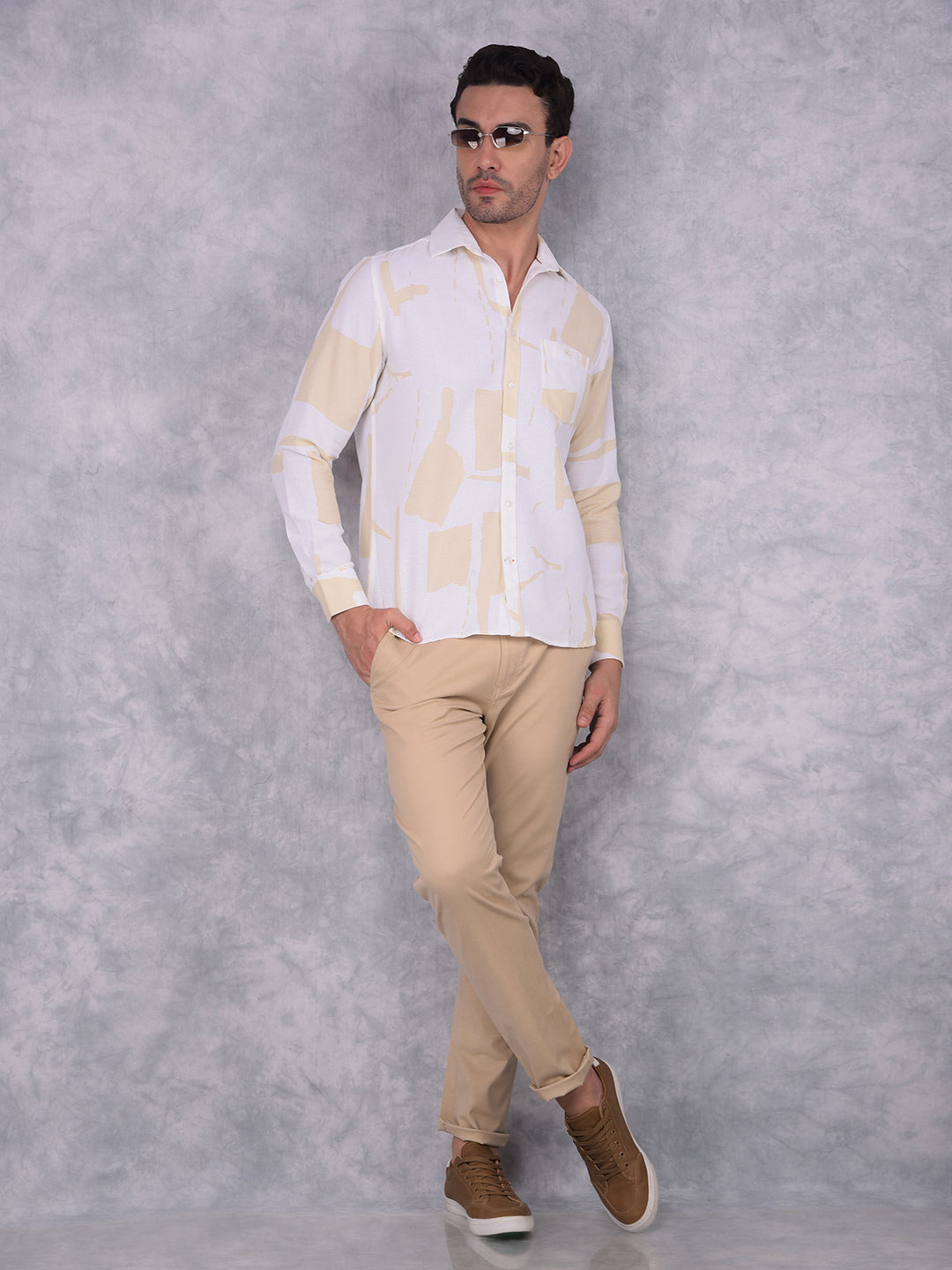 Beige Printed 100% Cotton Shirt-Men Shirts-Crimsoune Club