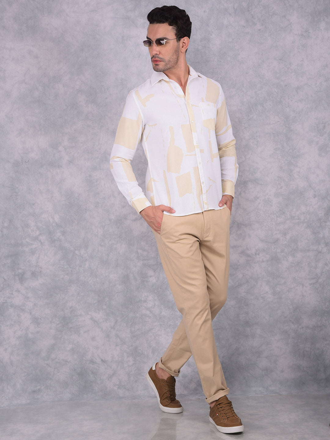 Beige Printed 100% Cotton Shirt-Men Shirts-Crimsoune Club