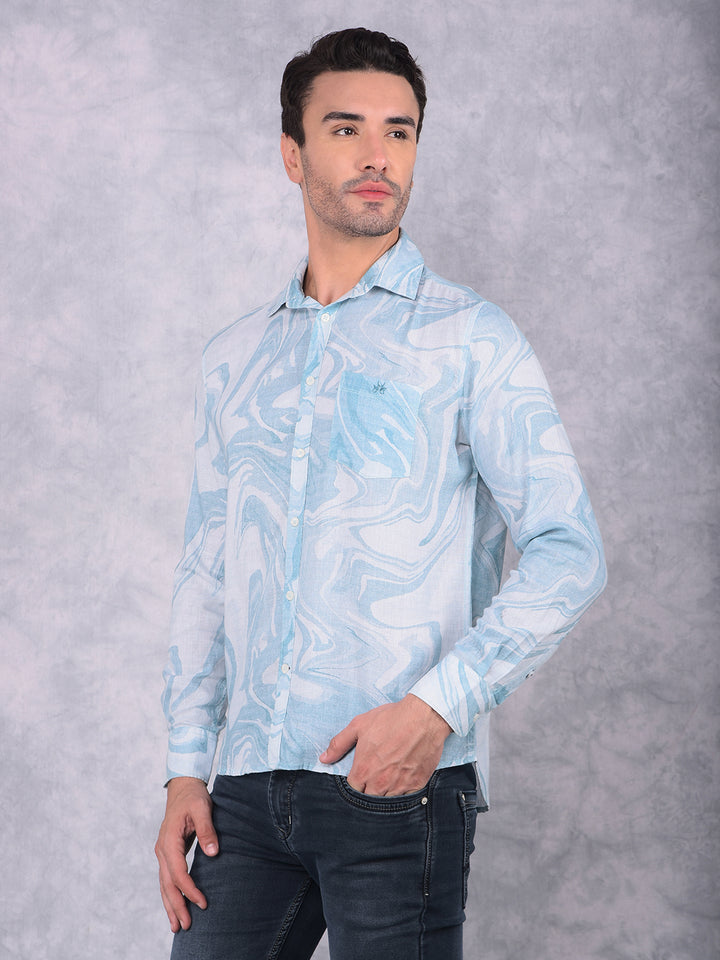 Blue Printed Linen Shirt-Men Shirts-Crimsoune Club