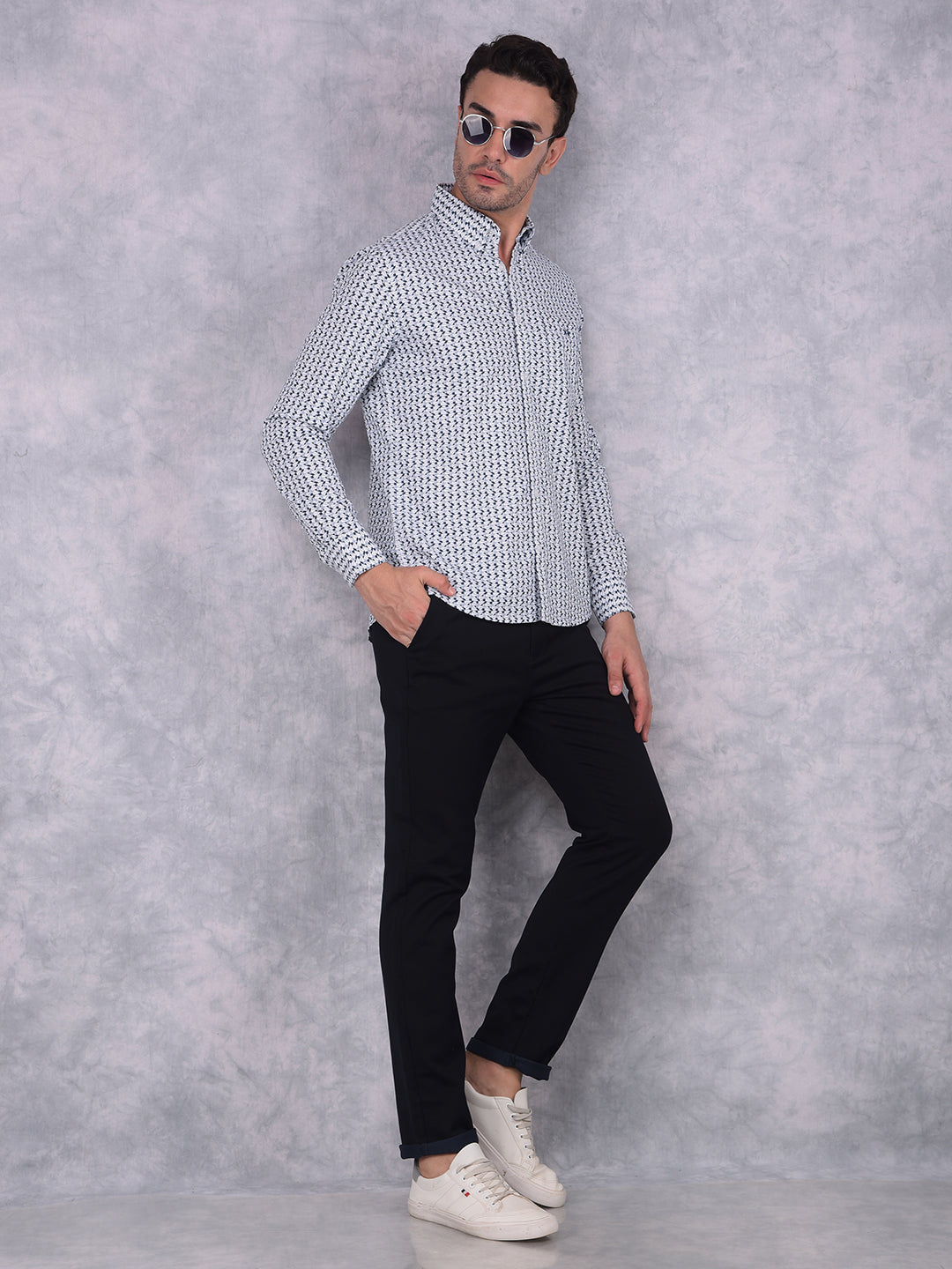 Navy Blue Printed 100% Cotton Shirt-Men Shirts-Crimsoune Club