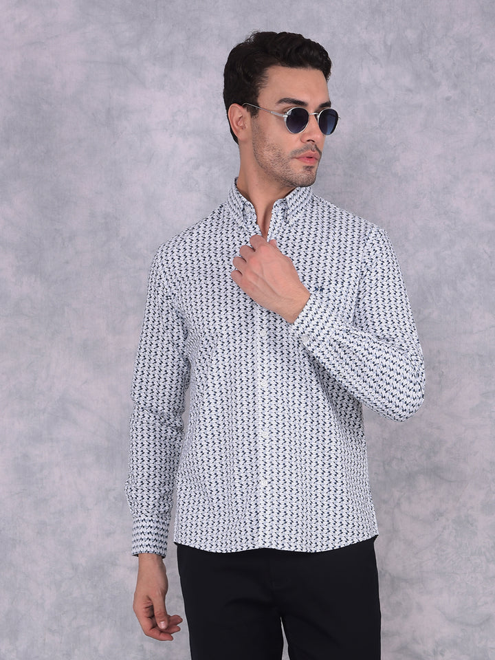 Navy Blue Printed 100% Cotton Shirt-Men Shirts-Crimsoune Club