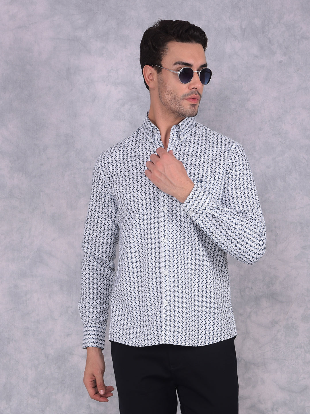 Navy Blue Printed 100% Cotton Shirt-Men Shirts-Crimsoune Club