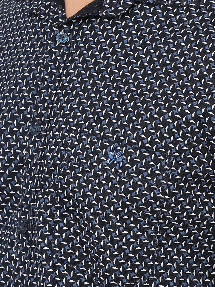 Navy Blue Printed 100% Cotton Shirt-Men Shirts-Crimsoune Club