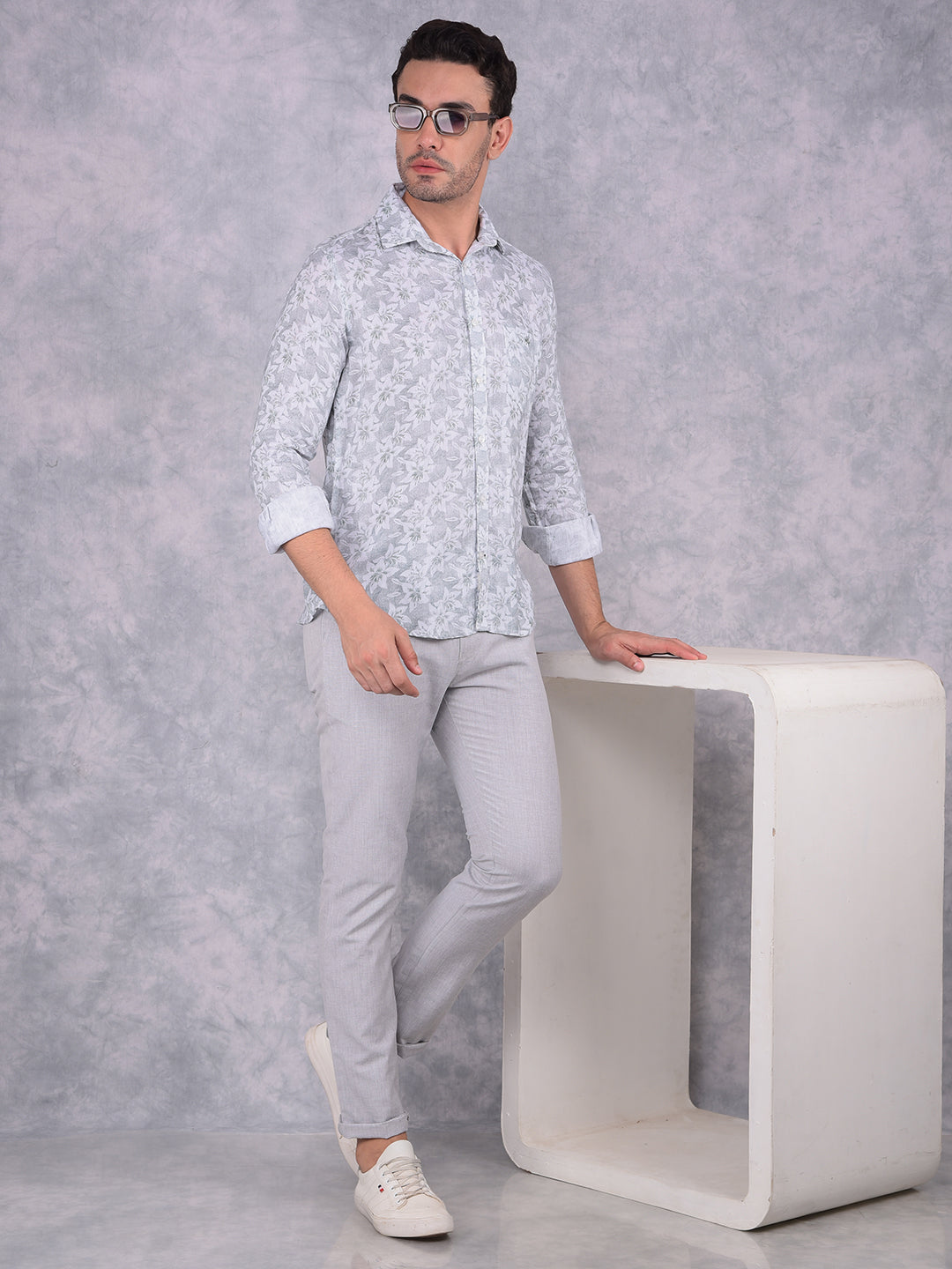 Green Floral Print Linen Shirt-Men Shirts-Crimsoune Club