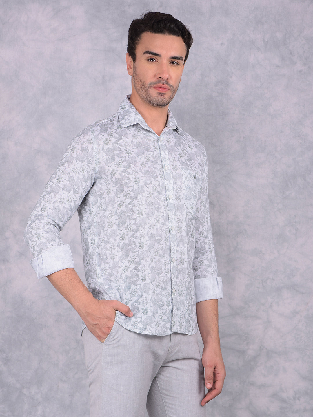 Green Floral Print Linen Shirt-Men Shirts-Crimsoune Club