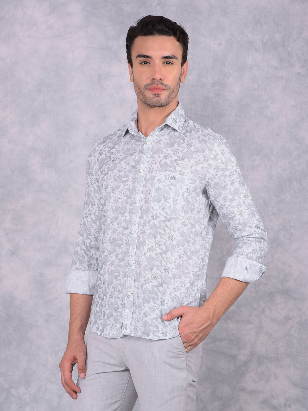 Green Floral Print Linen Shirt-Men Shirts-Crimsoune Club
