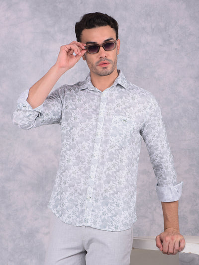 Green Floral Print Linen Shirt-Men Shirts-Crimsoune Club