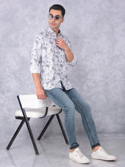 Olive Floral Print Linen Shirt-Men Shirts-Crimsoune Club