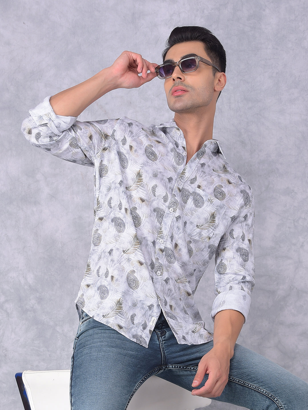 Olive Floral Print Linen Shirt-Men Shirts-Crimsoune Club