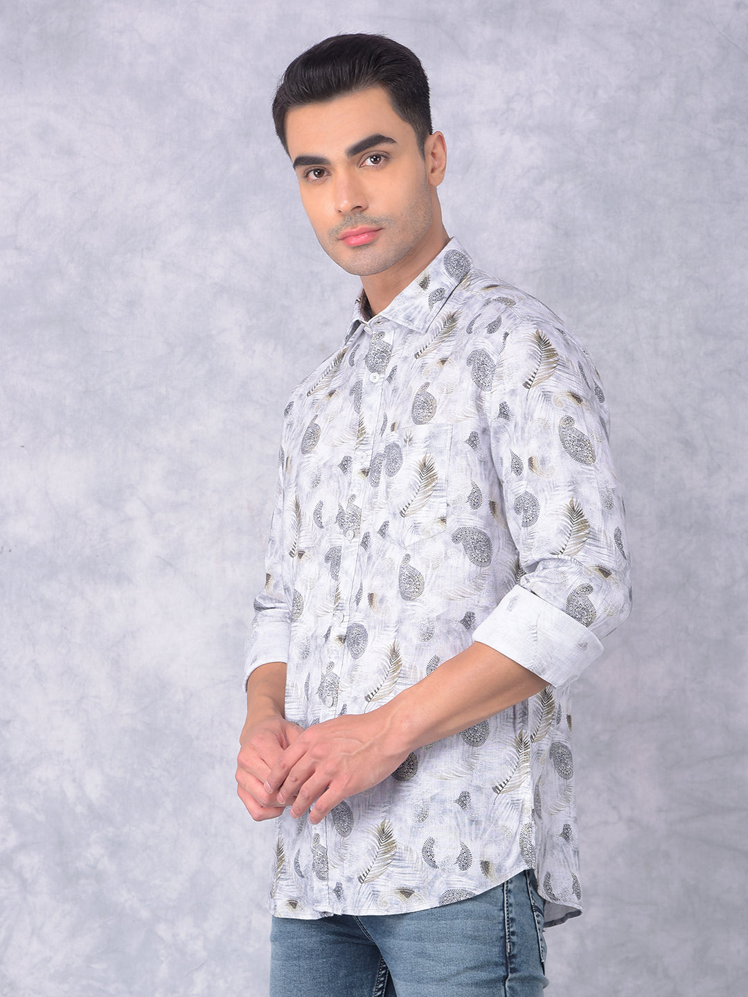 Olive Floral Print Linen Shirt-Men Shirts-Crimsoune Club