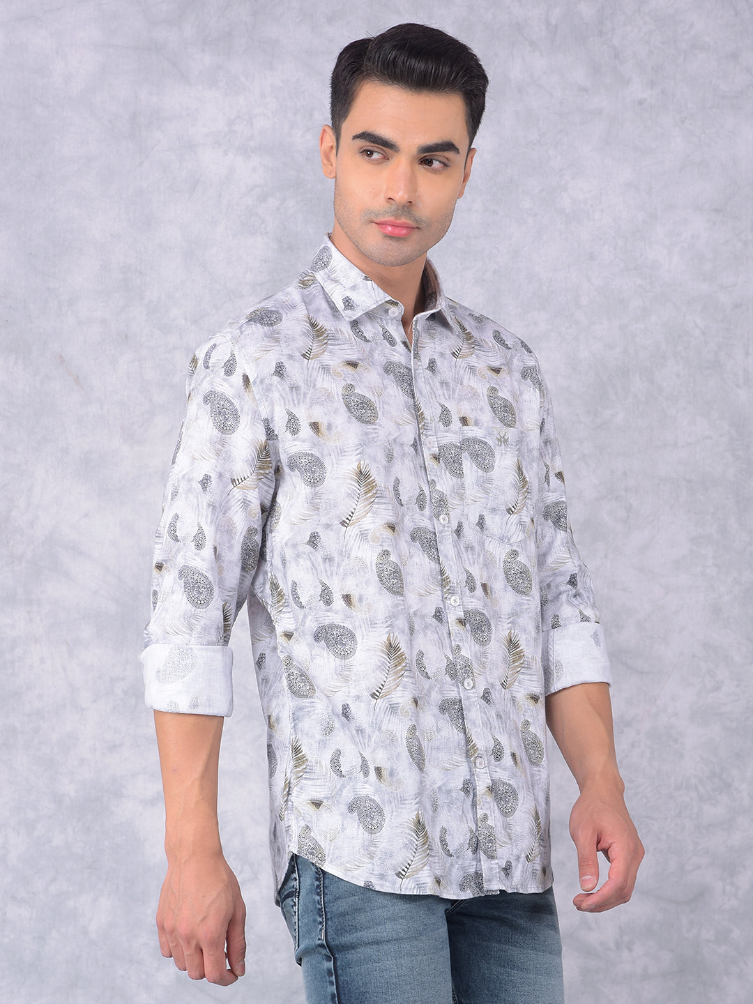 Olive Floral Print Linen Shirt-Men Shirts-Crimsoune Club