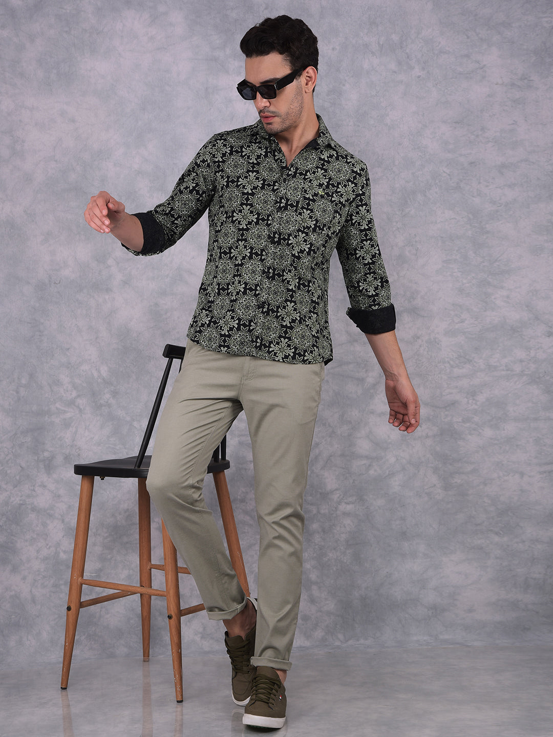 Green Floral Print 100% Cotton Shirt-Men Shirts-Crimsoune Club