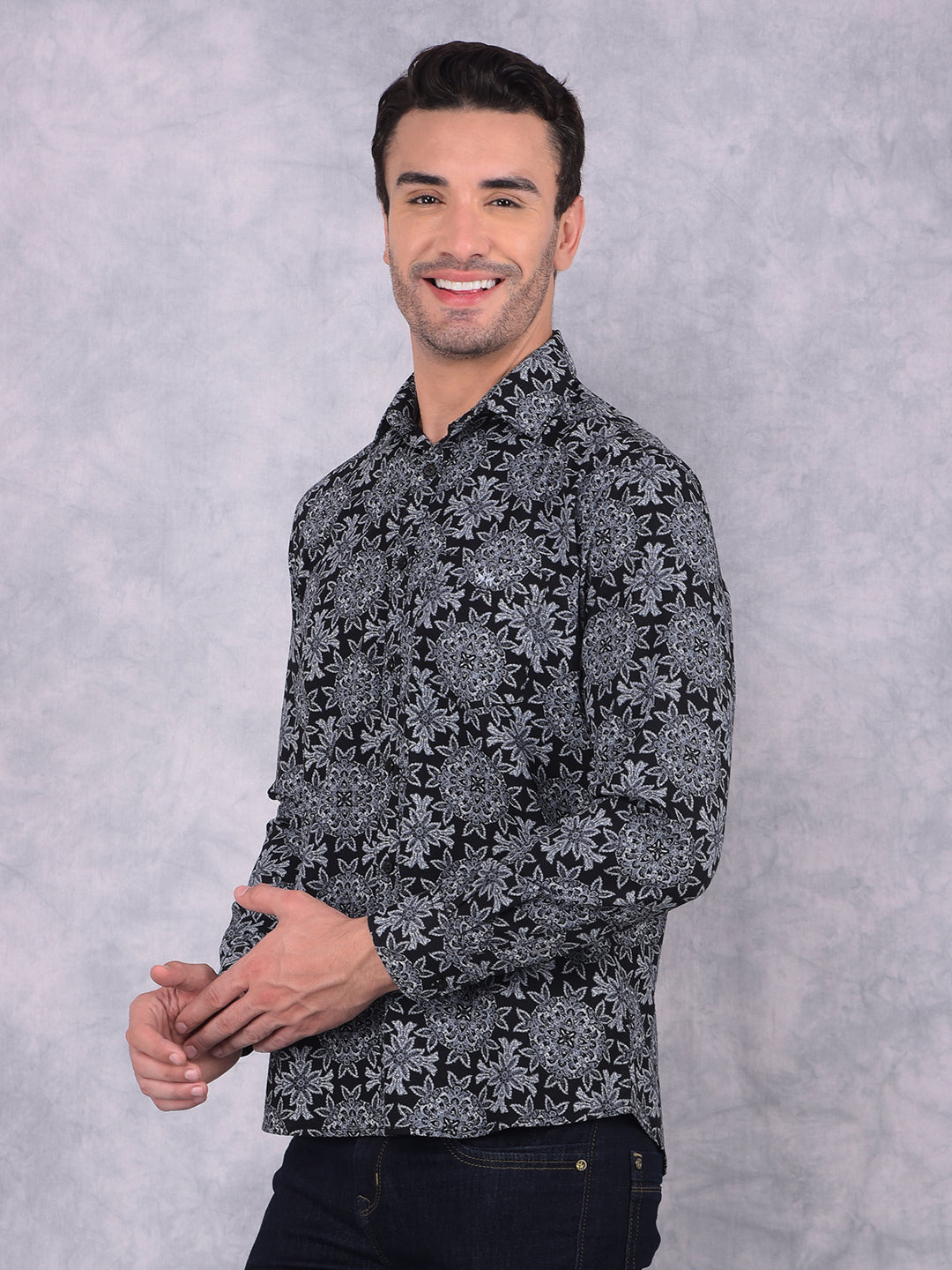 Grey Floral Print 100% Cotton Shirt-Men Shirts-Crimsoune Club