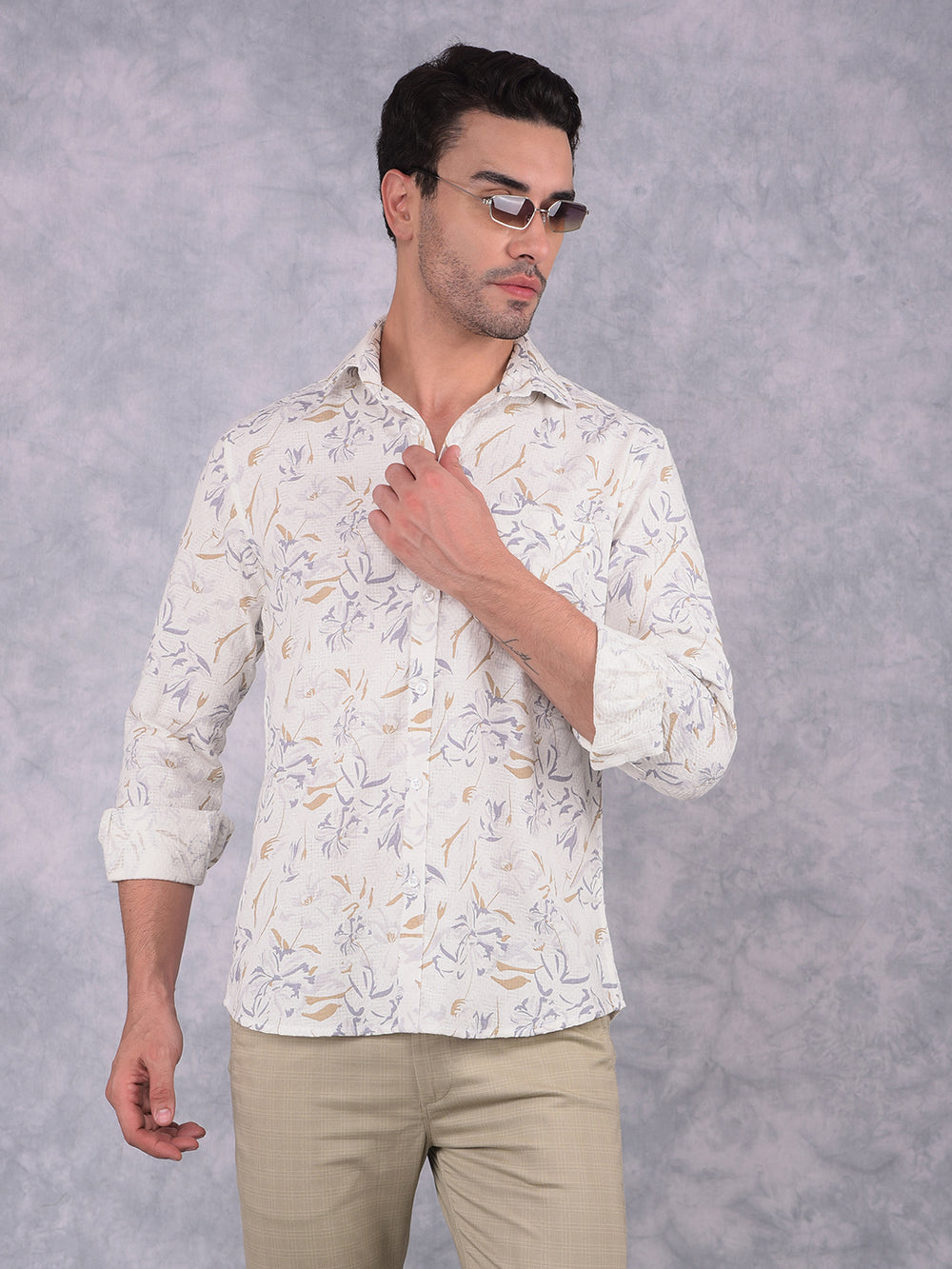 Off White Floral Print 100% Cotton Knitted Shirt-Men Shirts-Crimsoune Club