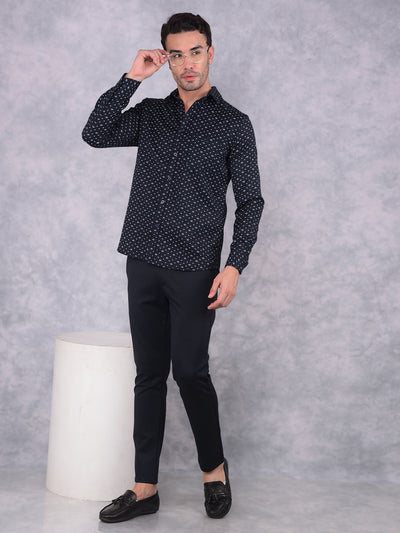 Navy Blue Floral Print 100% Cotton Shirt-Men Shirts-Crimsoune Club