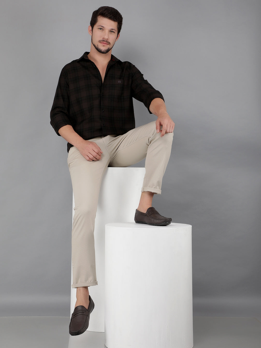 Brown 100% Cotton Checked Shirt-Men Shirts-Crimsoune Club