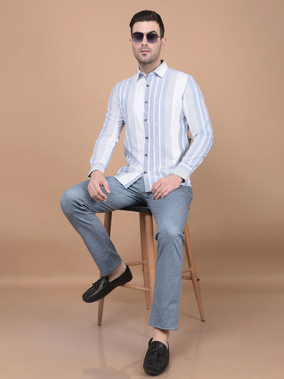 Blue Vertical Striped 100% Cotton Shirt-Men Shirts-Crimsoune Club