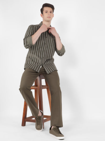 Olive 100% Cotton Striped Shirt-Men Shirts-Crimsoune Club