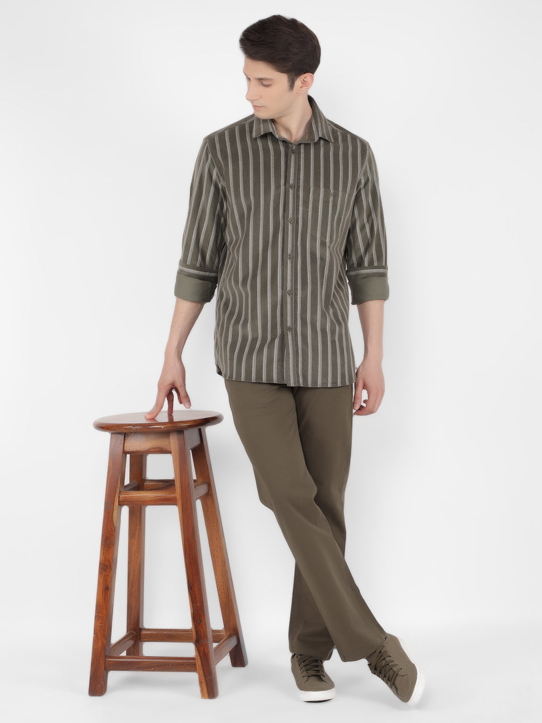 Olive 100% Cotton Striped Shirt-Men Shirts-Crimsoune Club