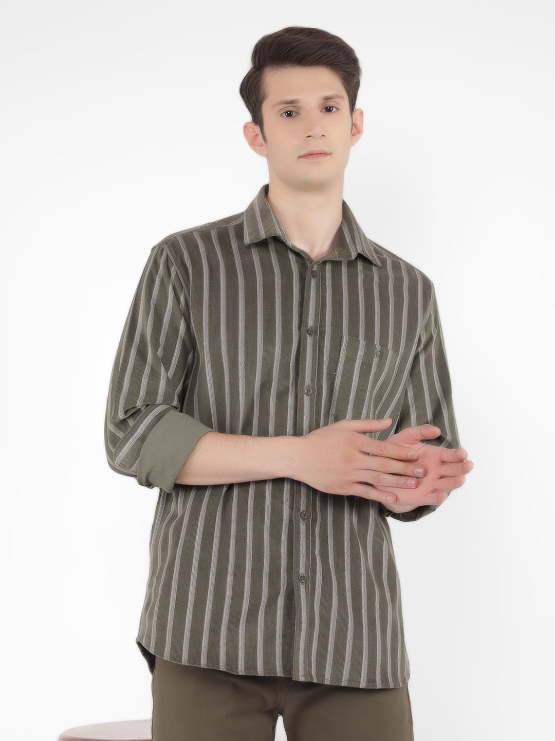 Olive 100% Cotton Striped Shirt-Men Shirts-Crimsoune Club