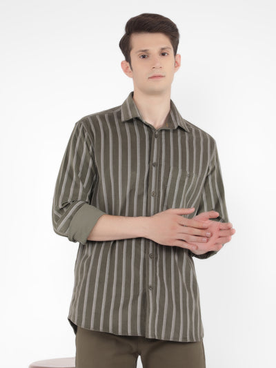 Olive 100% Cotton Striped Shirt-Men Shirts-Crimsoune Club