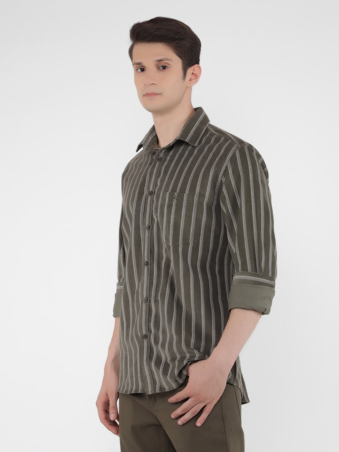 Olive 100% Cotton Striped Shirt-Men Shirts-Crimsoune Club