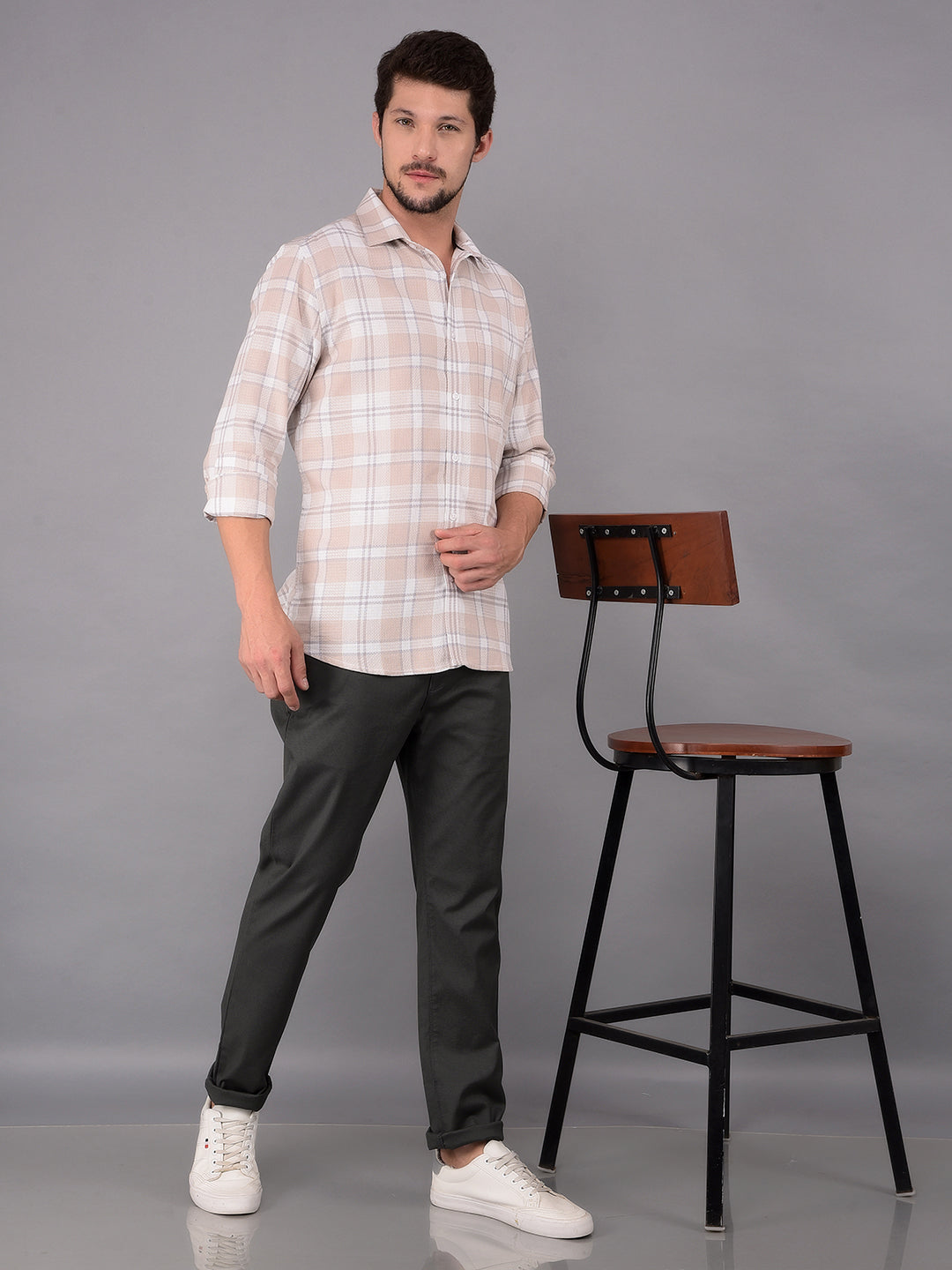 Beige 100% Cotton Checked Shirt-Men Shirts-Crimsoune Club