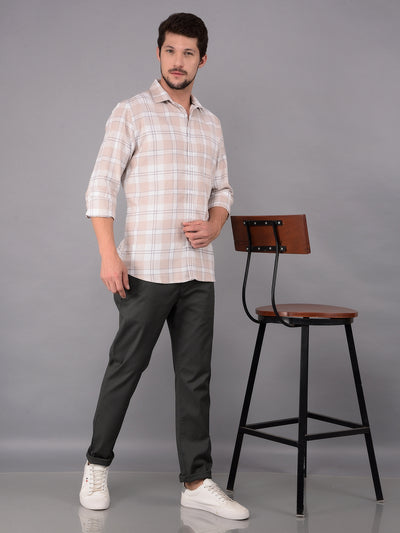 Beige 100% Cotton Checked Shirt-Men Shirts-Crimsoune Club