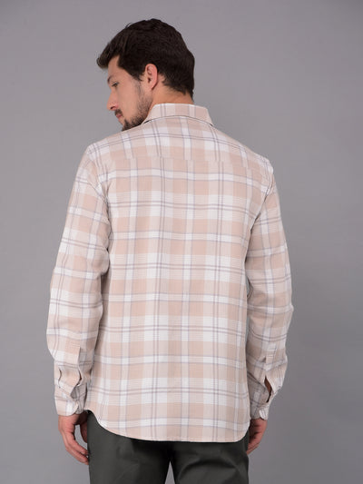 Beige 100% Cotton Checked Shirt-Men Shirts-Crimsoune Club