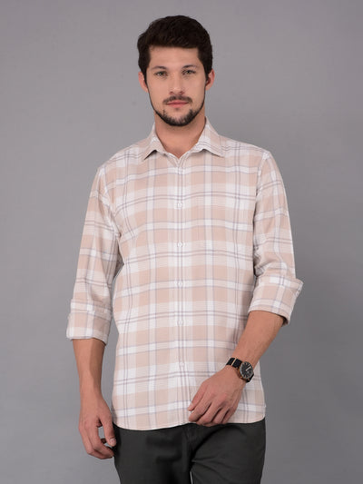 Beige 100% Cotton Checked Shirt-Men Shirts-Crimsoune Club