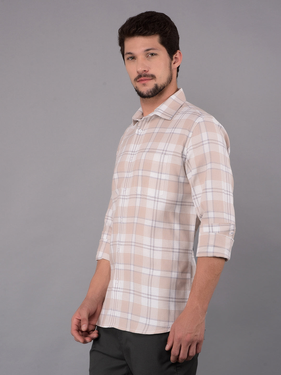 Beige 100% Cotton Checked Shirt-Men Shirts-Crimsoune Club