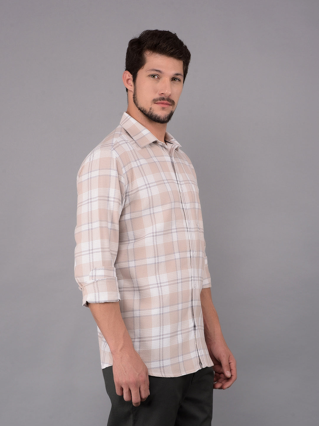 Beige 100% Cotton Checked Shirt-Men Shirts-Crimsoune Club