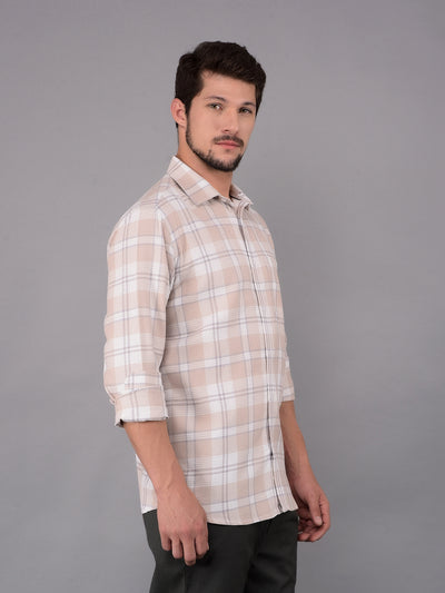 Beige 100% Cotton Checked Shirt-Men Shirts-Crimsoune Club