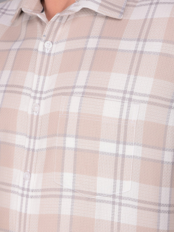 Beige 100% Cotton Checked Shirt-Men Shirts-Crimsoune Club