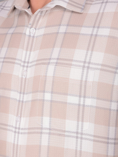 Beige 100% Cotton Checked Shirt-Men Shirts-Crimsoune Club